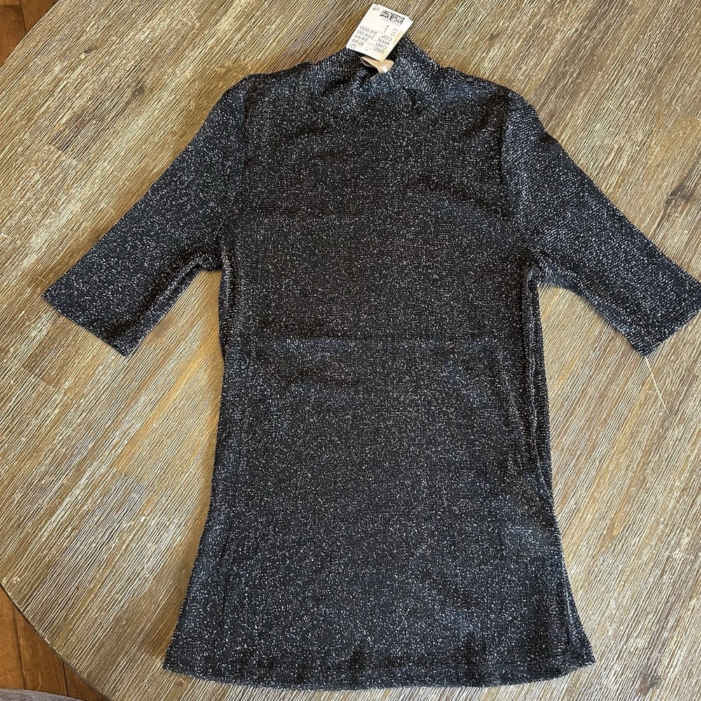 H&M Sheer Blouse Large Top Metallic y2K Black Silver Shirt Short Sleeve